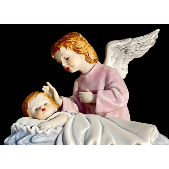 VTG Porcelain Angel & Baby In Bed 5" Figurine 1991 Blue Pink White Nursery Decor - Picture 3 of 6